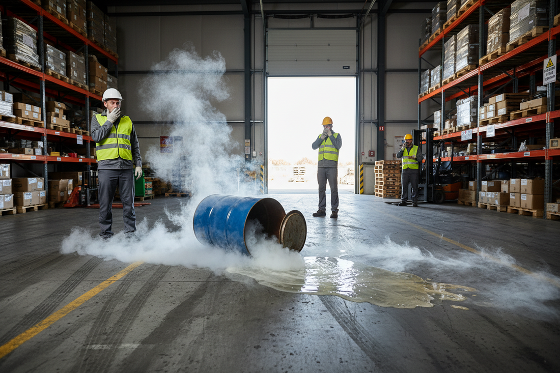 um tambor com produto perigoso cai e vaza no chao de um galpao de armazenamento, funcionarios nao sabem como agir e tapam suas vias areas devido ao cheiro forte, um funcionario mais ao fundo entra em contato com o numero de emergencia