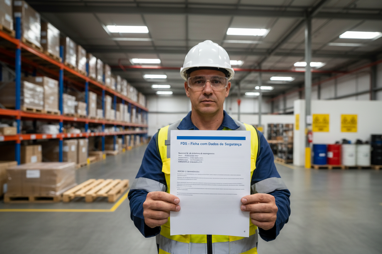 Profissional de segurança consultando FDS com telefone de emergência Campo 1 em conformidade ABNT 14725